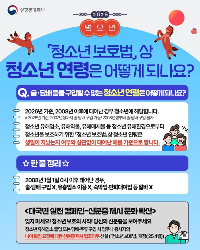 「청소년 보호법」상 청소년 연령은 어떻게 되나요? Q. 술·담배 등을 구입할 수 없는 청소년 연령은 어떻게 되나요? 2026년 기준, 2008년 이후에 태어난 경우 청소년에 해당합니다. ※ 2026년 기준, 2007년생까지 술·담배 구입 가능/ 2008년생부터 술·담배구입불가 청소년 유해업소, 유해약물, 유해매체물 등 청소년 유해환경으로부터 청소년을 보호하기 위한 「청소년 보호법」상 청소년 연령은 생일이 지났는지 여부와 상관없이 태어난 해를 기준으로 합니다. 한 줄 정리 2008년 1월 1일 0시 이후 태어난 경우 술·담배 구입 X, 유흥업소 이용X, 숙박업·만화대여업 등 알바X <대국민 실천 캠페인-신분증 제시 문화 확산>잊지 마세요! 청소년 보호의 시작! 당신의 신분증을 보여주세요.청소년 유해업소 출입 또는 담배·주류 구입 시 업주나 종사자의 나이 확인 요청에 대한 신분증 제시 협조의무 신설(「청소년 보호법」 개정('25.4월))